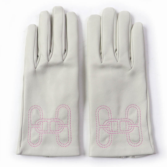 HERMES gloves Main: Leather, Lining: 100% Silk Light gray Chene Dunkle Women 7.5 Used Authentic