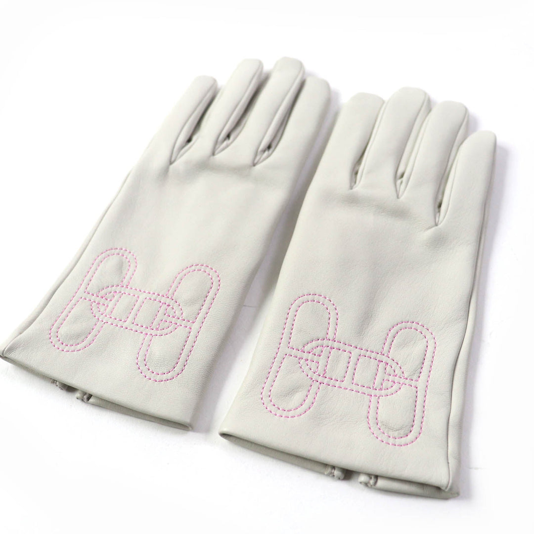 HERMES gloves Main: Leather, Lining: 100% Silk Light gray Chene Dunkle Women 7.5 Used Authentic