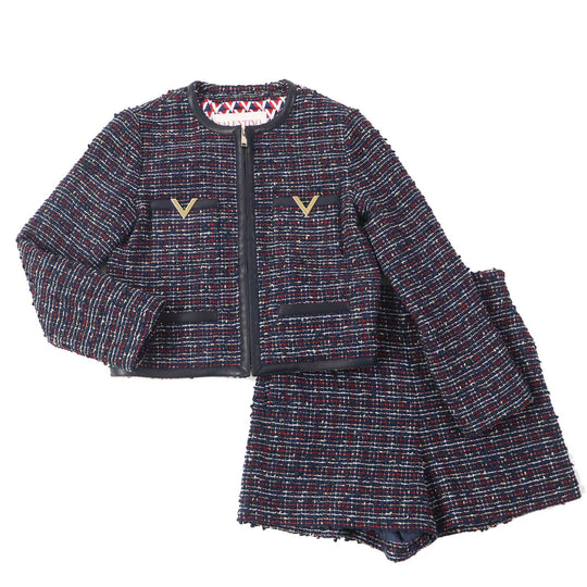 VALENTINO setup Leather: Sheepskin, Outer: 67% cotton, Outer: 24% nylon, Outer: 5% acrylic, Outer: 4% metal fiber, PT Lining: 63% rayon, 37% silk Navy multi Women (Top) 38, (Bottom) 40 Used Authentic