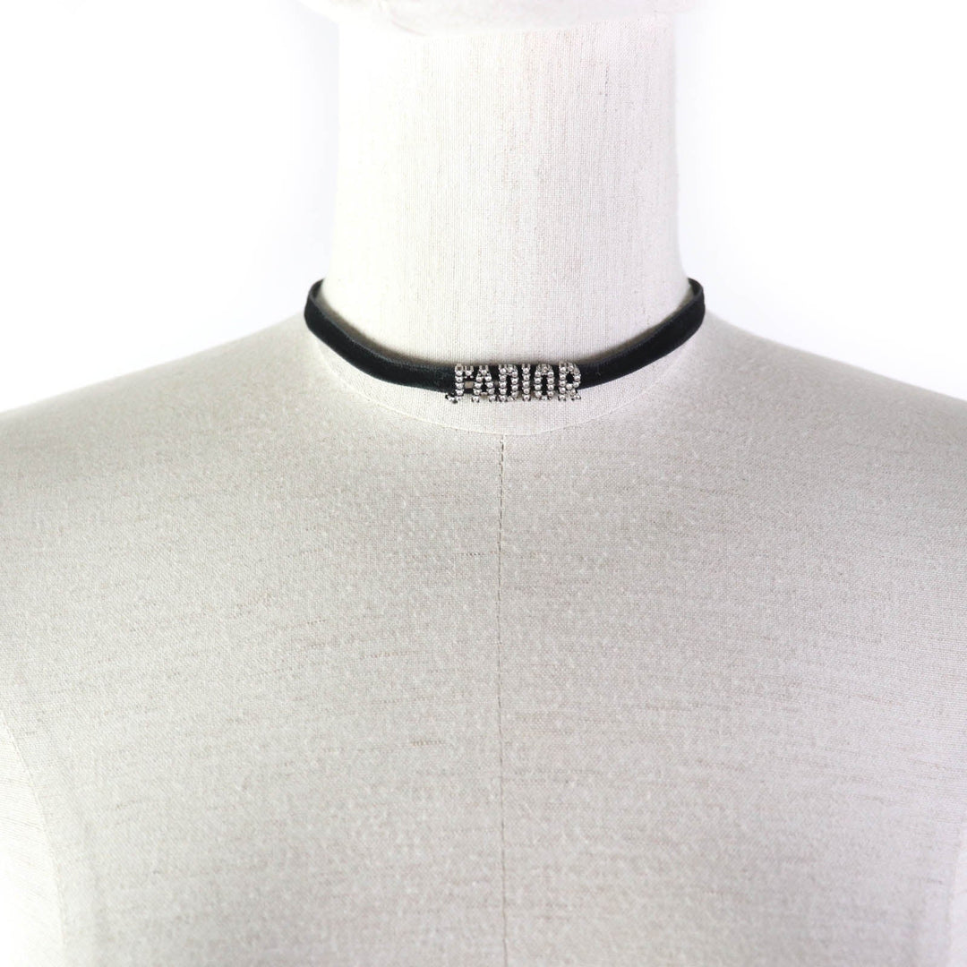 Christian Dior choker Metal, Velour Black Silver Rhinestone logo Women Used Authentic