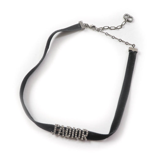 Christian Dior choker Metal, Velour Black Silver Rhinestone logo Women Used Authentic