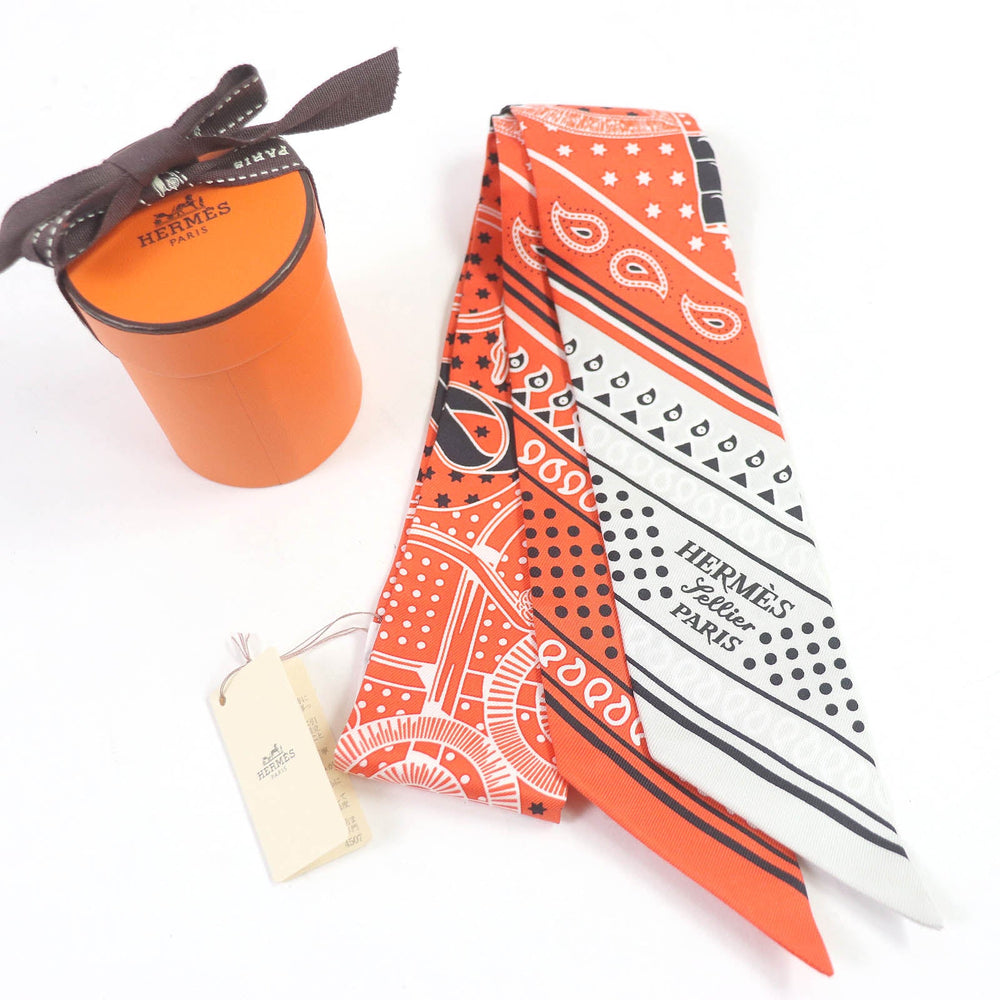 HERMES scarf H062978S Main: 100% silk Vermilion/Gris Perle/White Twilly Women Used Authentic
