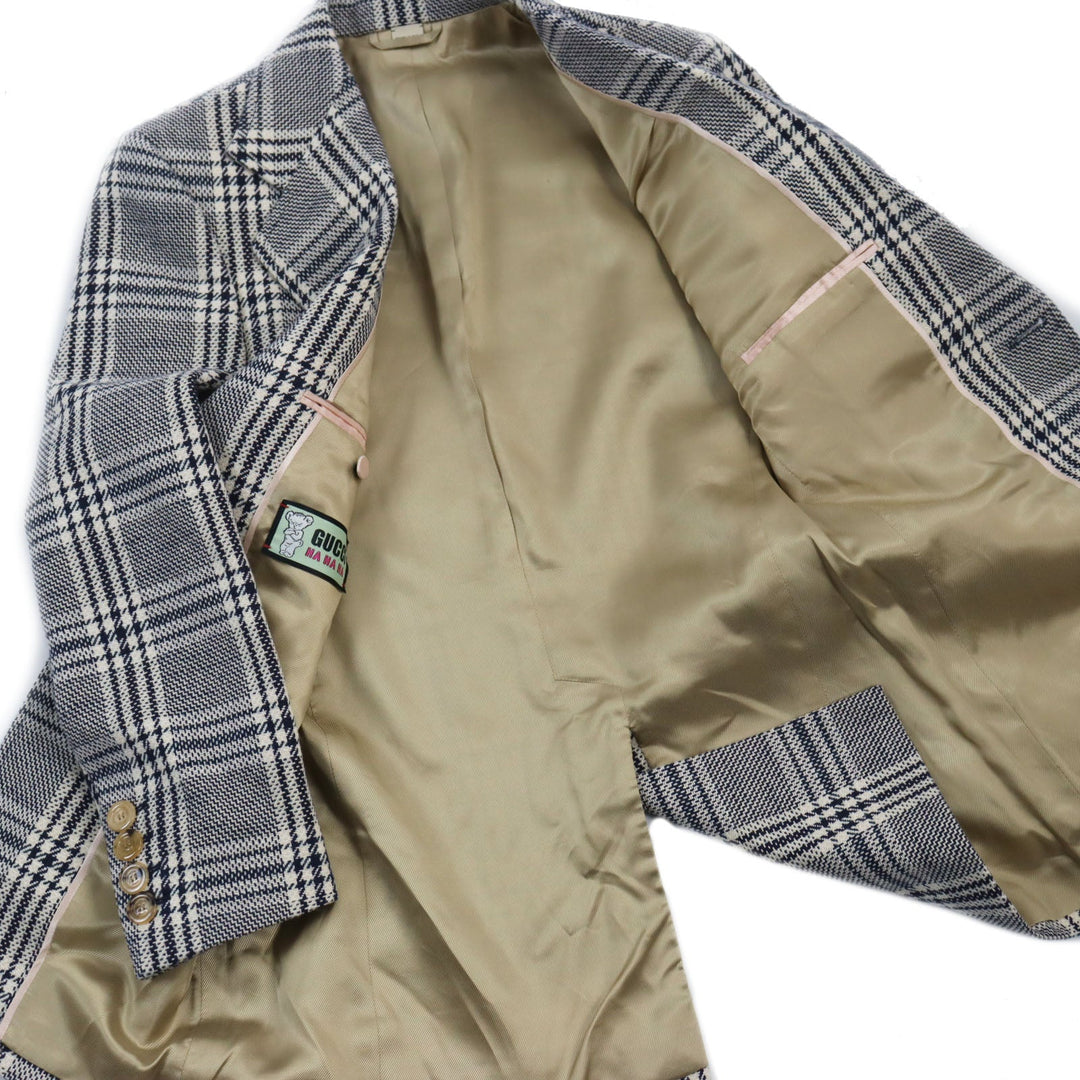 GUCCI tailored jacket 712855 Outer material: 54% wool, 33% cotton, 7% linen, 6% polyamide (nylon), 100% rayon lining, 100% cupra sleeve lining, 100% cotton pocket lining Blue Ivory HA HA HA CHECK JACKET mens 46 Used Authentic