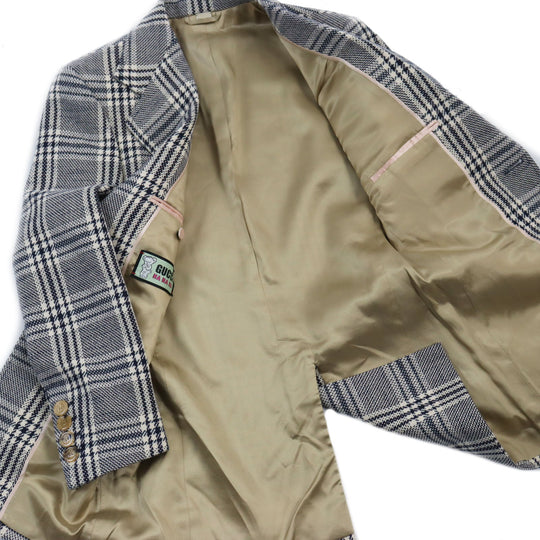 GUCCI tailored jacket 712855 Outer material: 54% wool, 33% cotton, 7% linen, 6% polyamide (nylon), 100% rayon lining, 100% cupra sleeve lining, 100% cotton pocket lining Blue Ivory HA HA HA CHECK JACKET mens 46 Used Authentic