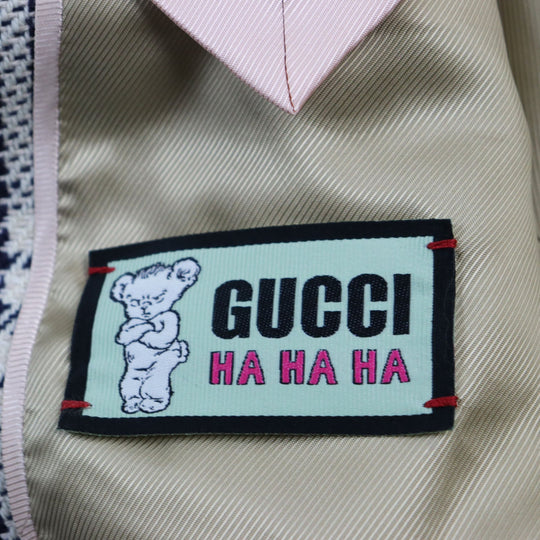 GUCCI tailored jacket 712855 Outer material: 54% wool, 33% cotton, 7% linen, 6% polyamide (nylon), 100% rayon lining, 100% cupra sleeve lining, 100% cotton pocket lining Blue Ivory HA HA HA CHECK JACKET mens 46 Used Authentic