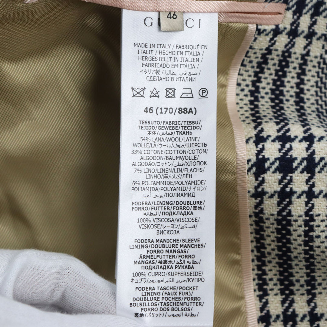 GUCCI tailored jacket 712855 Outer material: 54% wool, 33% cotton, 7% linen, 6% polyamide (nylon), 100% rayon lining, 100% cupra sleeve lining, 100% cotton pocket lining Blue Ivory HA HA HA CHECK JACKET mens 46 Used Authentic