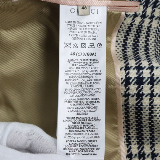 GUCCI tailored jacket 712855 Outer material: 54% wool, 33% cotton, 7% linen, 6% polyamide (nylon), 100% rayon lining, 100% cupra sleeve lining, 100% cotton pocket lining Blue Ivory HA HA HA CHECK JACKET mens 46 Used Authentic