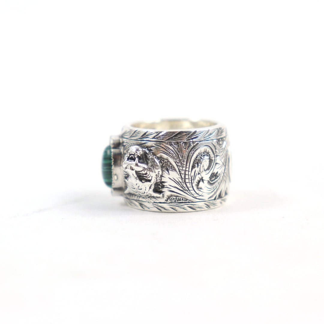GUCCI Ring 461991 Main: AG925, Part: Malachite Silver Green Malachite Garden Cat Head mens Used Authentic