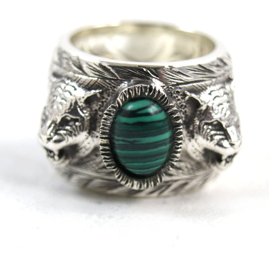 GUCCI Ring 461991 Main: AG925, Part: Malachite Silver Green Malachite Garden Cat Head mens Used Authentic