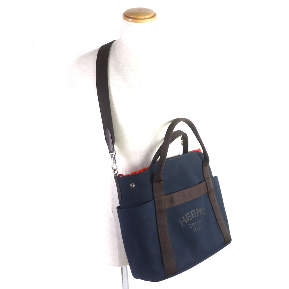 HERMES Tote Bag Main: 62% polyamide, 26% cotton, 12% polyurethane BLUE NAVY/FEU Sucked Pansage Groom mens Used Authentic