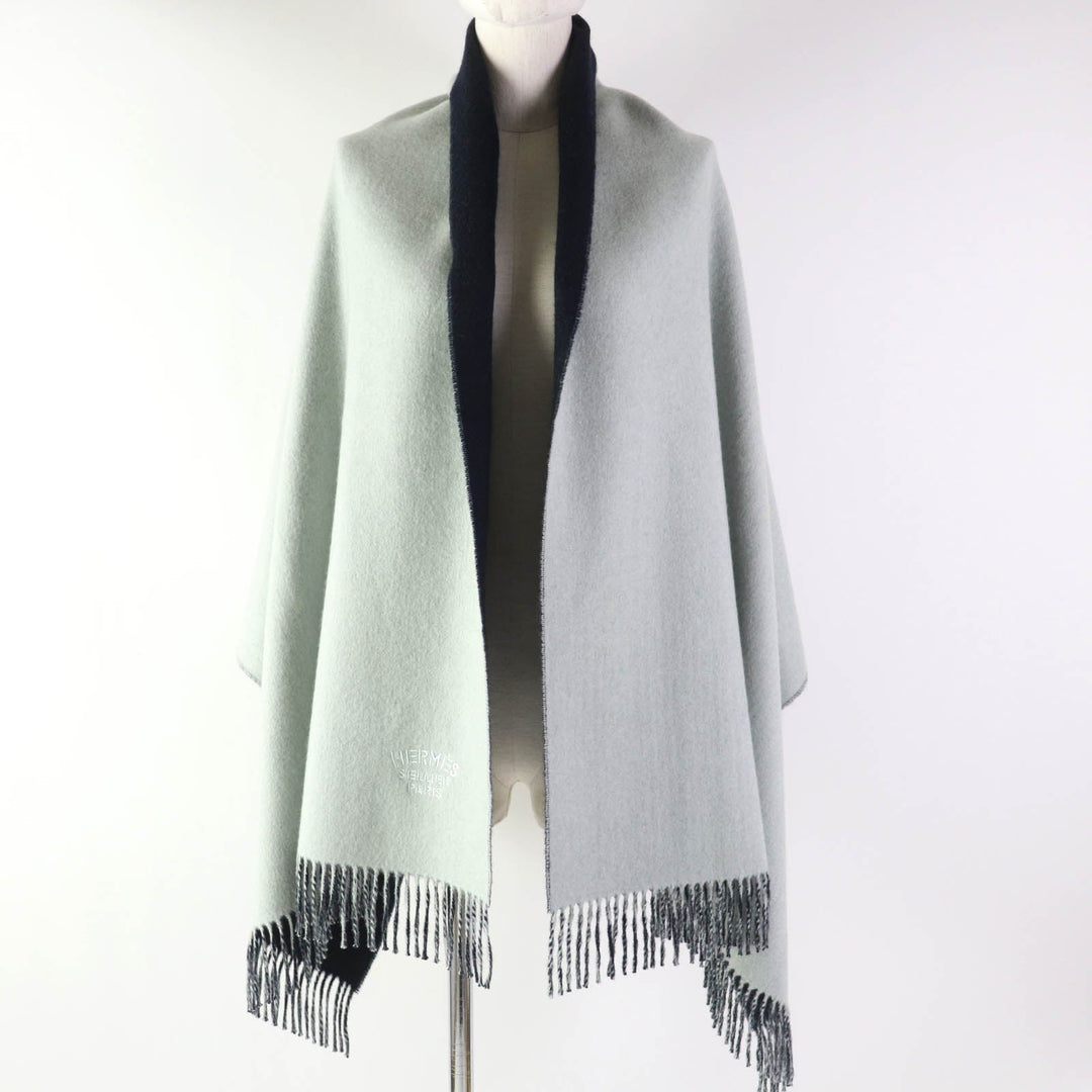 HERMES Stall Main: 100% cashmere Ice Blue Navy Women Used Authentic