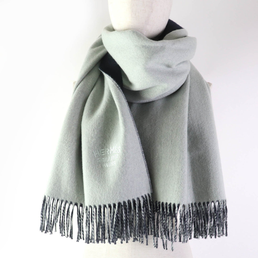 HERMES Stall Main: 100% cashmere Ice Blue Navy Women Used Authentic