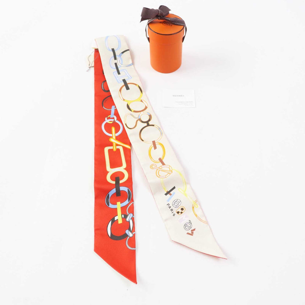 HERMES scarf Main: 100% silk Cream/Rouge/Blue Do Re Boucles Twilly Women Used Authentic