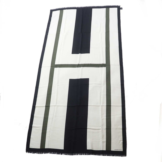 HERMES shawl Main: 70% cashmere, Main: 30% silk Multi (Ivory Black Khaki) Women Used Authentic