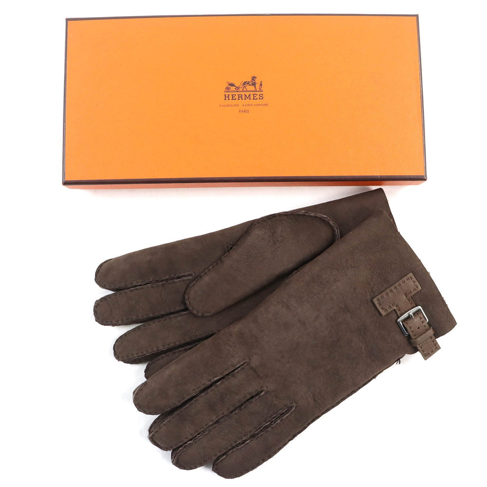 HERMES gloves 072038G Sheep leather Dark Brown, MARRON/TAUPE FONCE GANTS HOMME PHILIPPE mens 9 Used Authentic