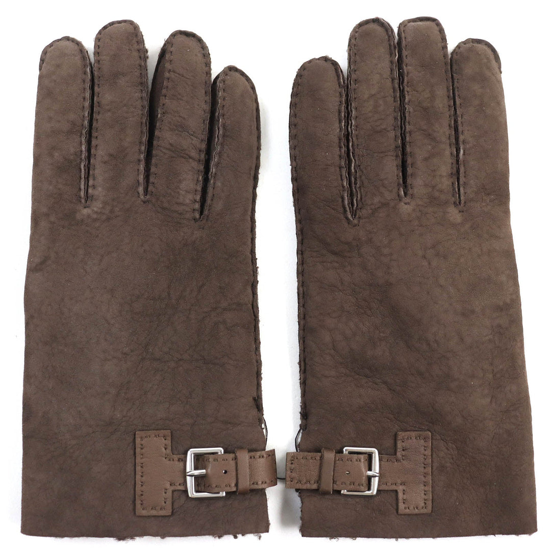 HERMES gloves 072038G Sheep leather Dark Brown, MARRON/TAUPE FONCE GANTS HOMME PHILIPPE mens 9 Used Authentic