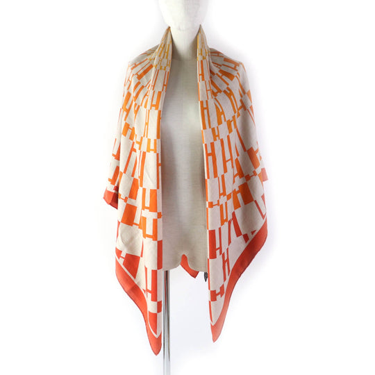 HERMES Stall Main: 70% cashmere, Main: 30% silk Orange Carre140 Caregean Women Used Authentic