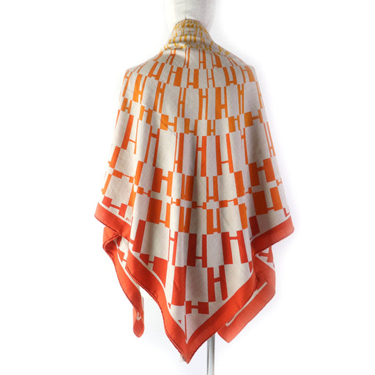 HERMES Stall Main: 70% cashmere, Main: 30% silk Orange Carre140 Caregean Women Used Authentic