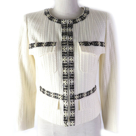 CHANEL No color jacket 03P P23760 Outer: 56% cotton, Outer: 44% linen, Lining: 95% silk, Lining: 5% elastane (polyurethane) Off-white black Women 34 Used Authentic