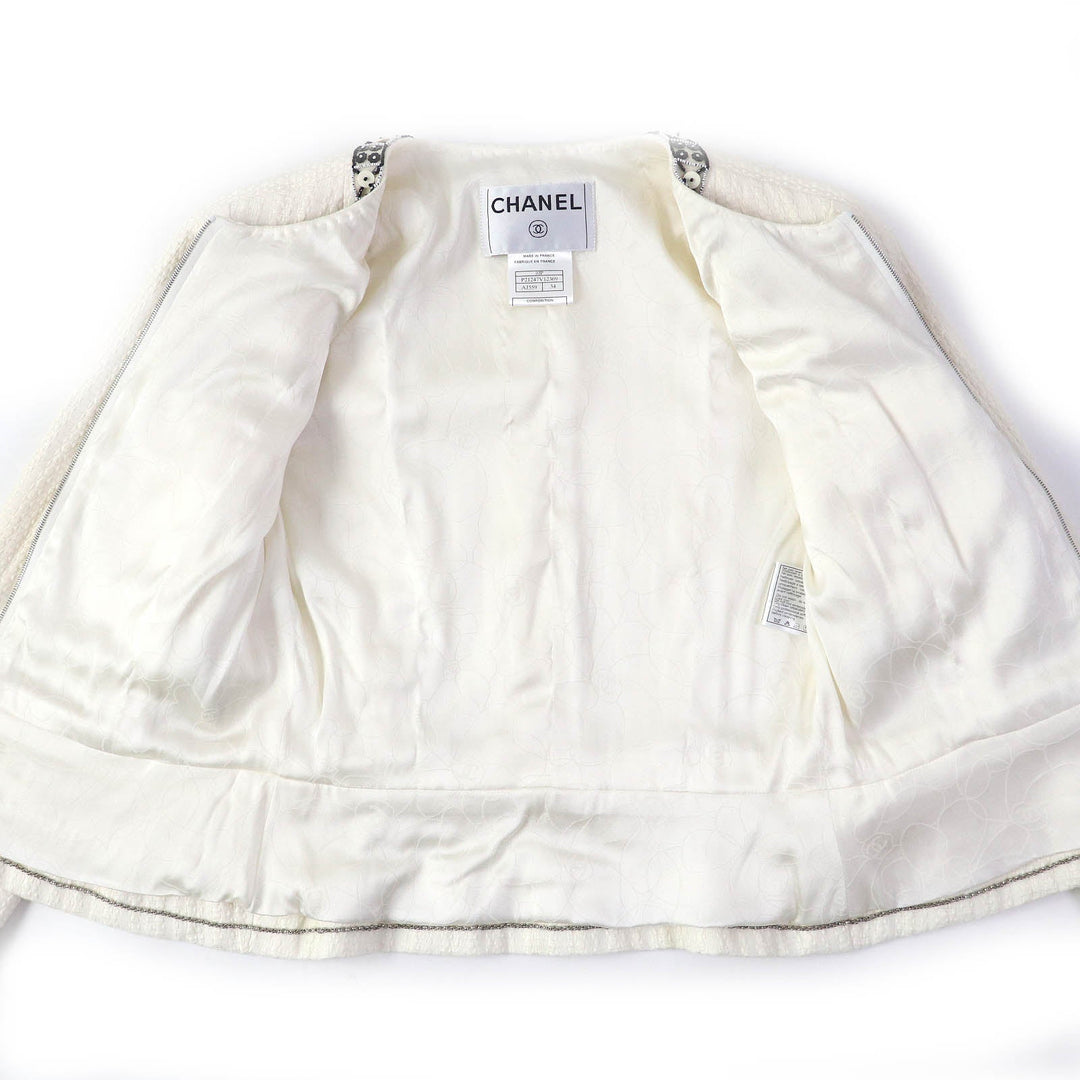 CHANEL No color jacket 03P P23760 Outer: 56% cotton, Outer: 44% linen, Lining: 95% silk, Lining: 5% elastane (polyurethane) Off-white black Women 34 Used Authentic