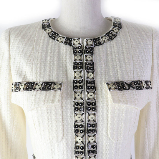 CHANEL No color jacket 03P P23760 Outer: 56% cotton, Outer: 44% linen, Lining: 95% silk, Lining: 5% elastane (polyurethane) Off-white black Women 34 Used Authentic