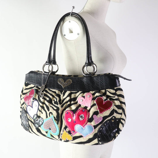 thinkbee Handbag leather multicolor Tote Bag Animal Pattern Bijou Sequin Beads Logo Just Heart Punkish Zebra Women Used Authentic