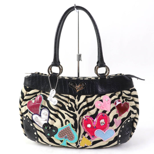 thinkbee Handbag leather multicolor Tote Bag Animal Pattern Bijou Sequin Beads Logo Just Heart Punkish Zebra Women Used Authentic