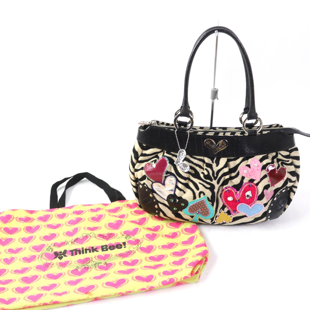 thinkbee Handbag leather multicolor Tote Bag Animal Pattern Bijou Sequin Beads Logo Just Heart Punkish Zebra Women Used Authentic