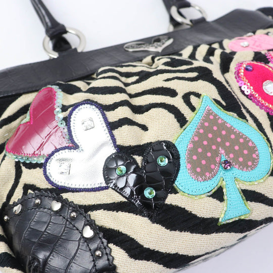 thinkbee Handbag leather multicolor Tote Bag Animal Pattern Bijou Sequin Beads Logo Just Heart Punkish Zebra Women Used Authentic