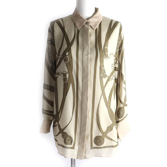 HERMES Long sleeve shirt Main: 100% silk Beige brown Women 34 Used Authentic