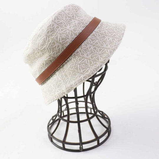 LOEWE hat Outer: 94% cotton, Outer: 6% polyester, Lining: 55% cotton, 45% linen, Partially: calf leather Beige White Camel Women 57 Used Authentic