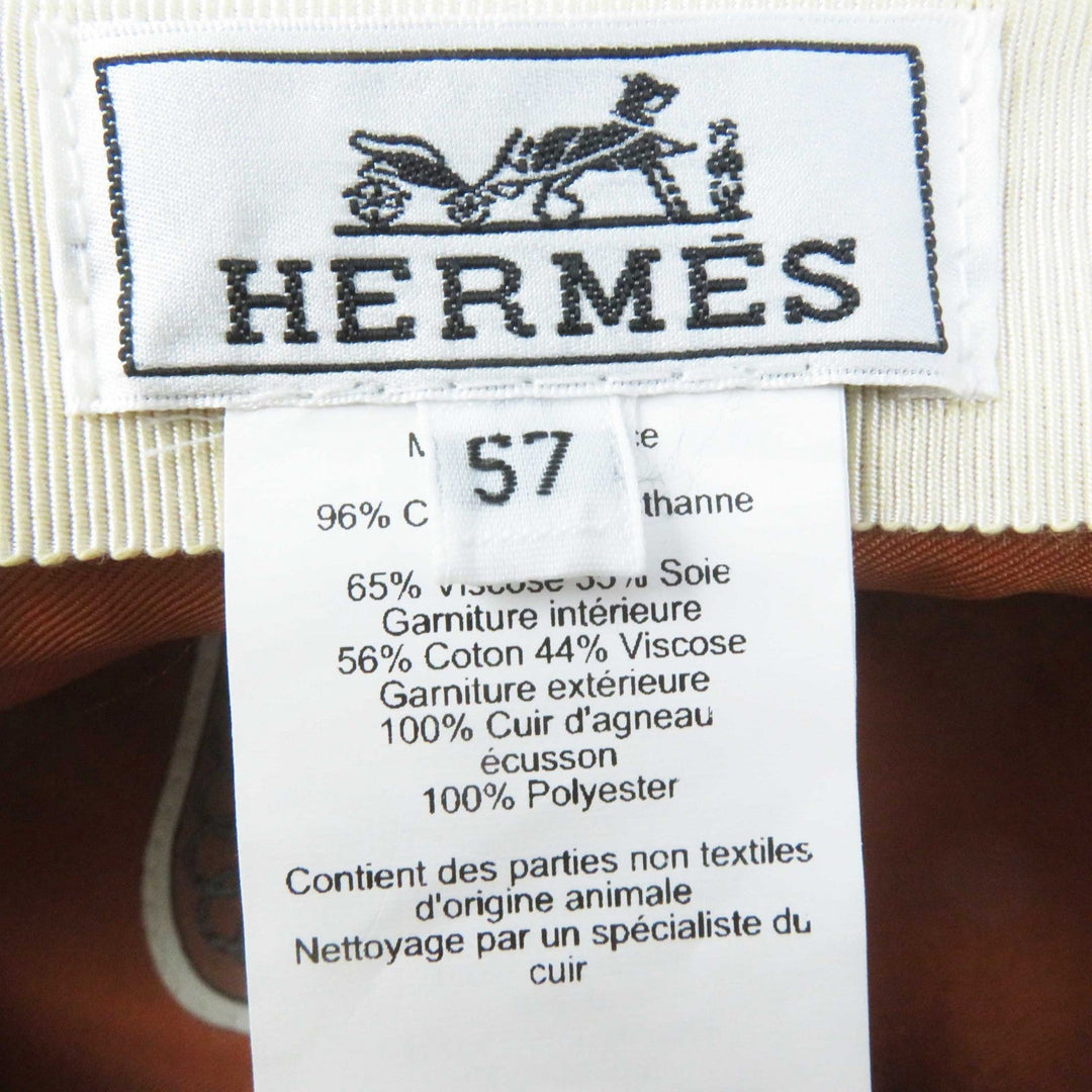 HERMES Casquette Outer: 96% cotton, Outer: 4% polyurethane, Lining: 65% rayon, Lining: 35% cotton, Part: 100% polyester, Lining trimming: 56% cotton, 44% rayon Leather part: Sheepskin Beige camel Kapoor Cricketis Women 57 Used Authentic