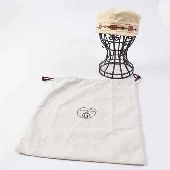 HERMES Casquette Outer: 96% cotton, Outer: 4% polyurethane, Lining: 65% rayon, Lining: 35% cotton, Part: 100% polyester, Lining trimming: 56% cotton, 44% rayon Leather part: Sheepskin Beige camel Kapoor Cricketis Women 57 Used Authentic