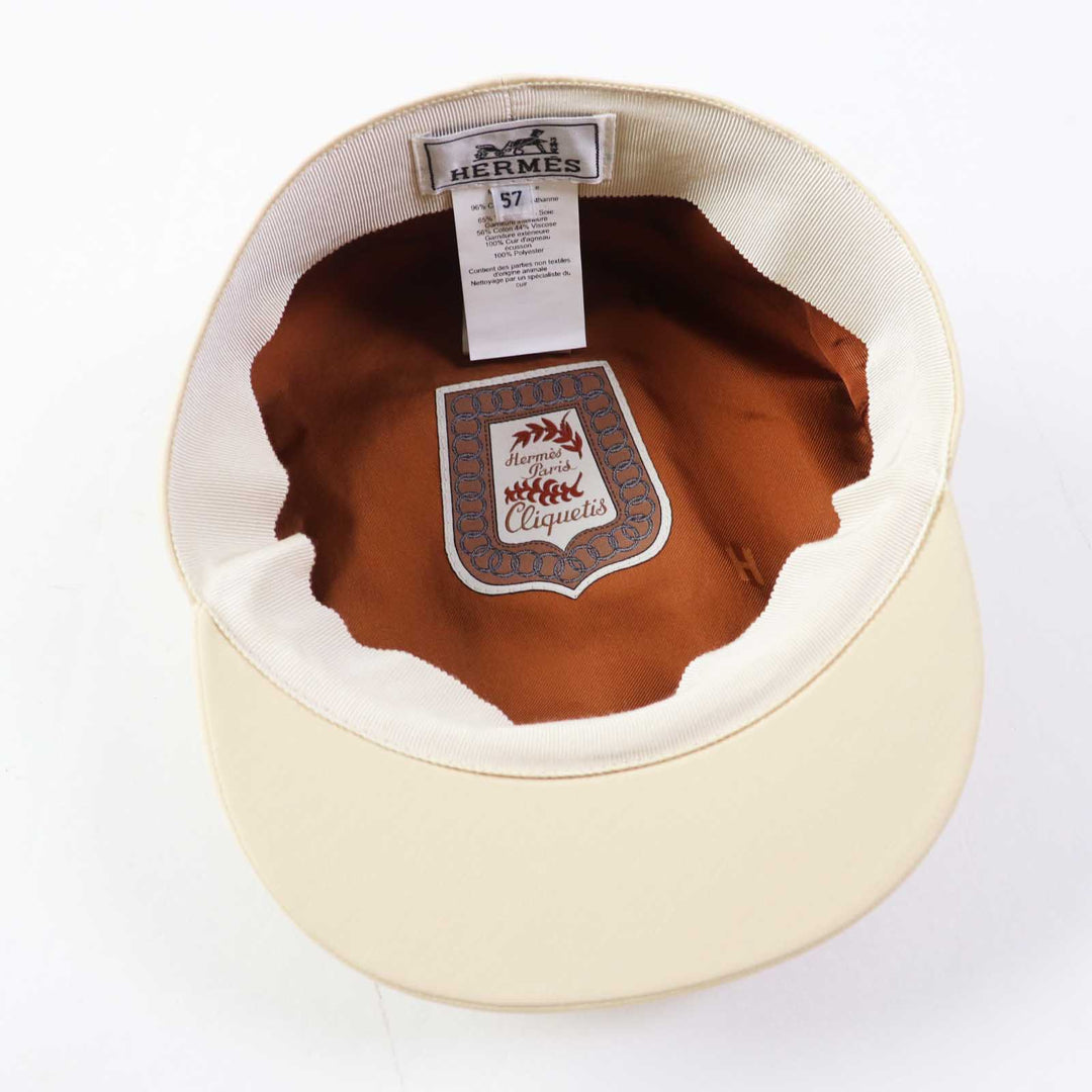 HERMES Casquette Outer: 96% cotton, Outer: 4% polyurethane, Lining: 65% rayon, Lining: 35% cotton, Part: 100% polyester, Lining trimming: 56% cotton, 44% rayon Leather part: Sheepskin Beige camel Kapoor Cricketis Women 57 Used Authentic