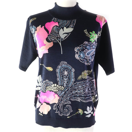 LEONARD FASHION Short sleeve knit Main: 60% wool, Main: 40% silk, Part: 100% wool Navy Women L Used Authentic