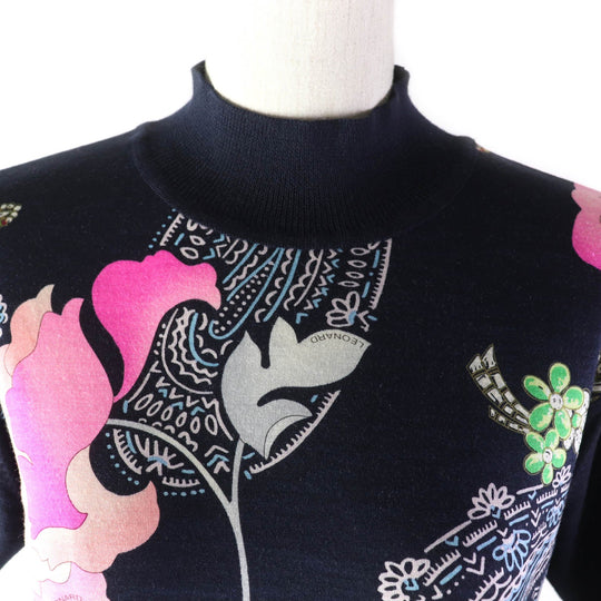 LEONARD FASHION Short sleeve knit Main: 60% wool, Main: 40% silk, Part: 100% wool Navy Women L Used Authentic
