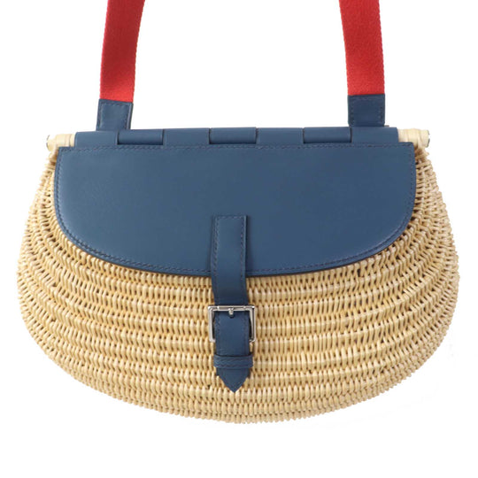 HERMES Shoulder Bag Swift Ocea Blue type Natural fishing basket Women Used Authentic