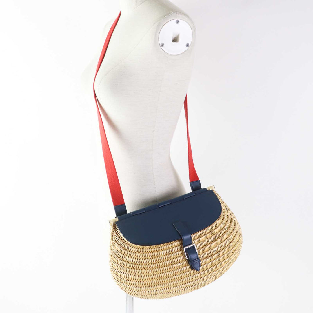 HERMES Shoulder Bag Swift Ocea Blue type Natural fishing basket Women Used Authentic