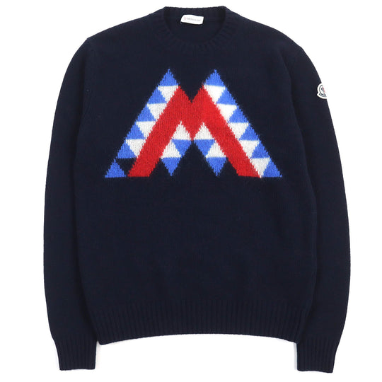MONCLER knit Main: 100% wool, part: 50% mohair, part: 32% nylon, part: 18% wool Navy GIROCOLLO TRICOT mens S Used Authentic
