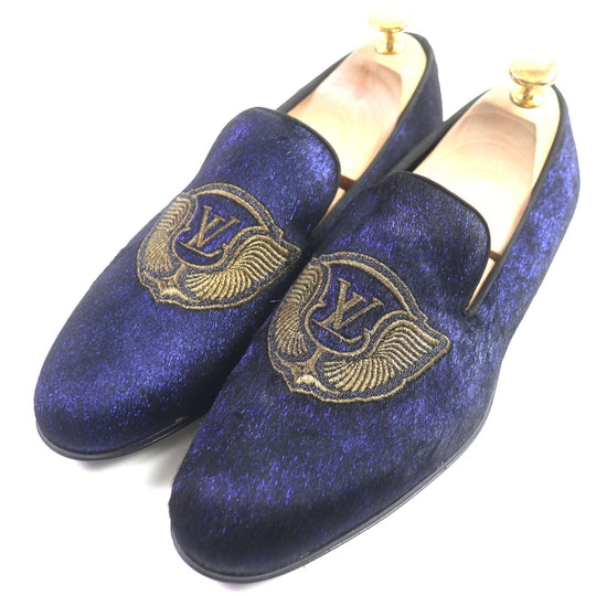 LOUIS VUITTON loafers Velor Navy Auteuil Line Embroidered slip-ons mens 6 Used Authentic