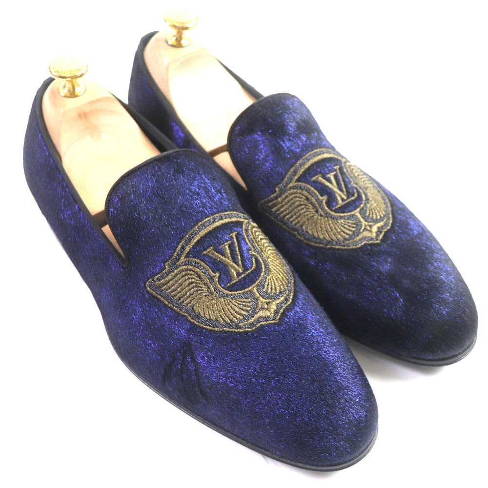 LOUIS VUITTON loafers Velor Navy Auteuil Line Embroidered slip-ons mens 6 Used Authentic