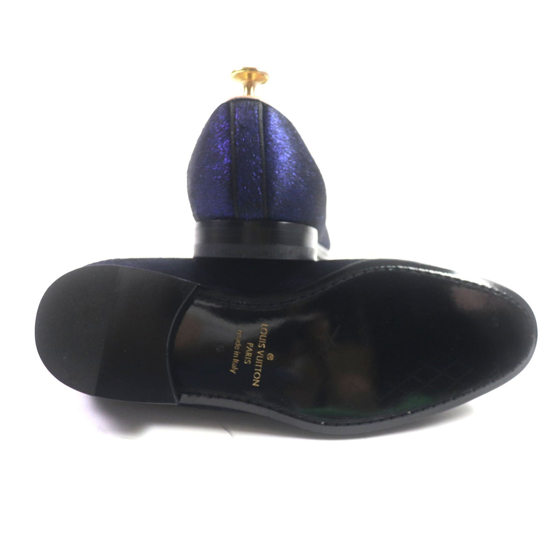LOUIS VUITTON loafers Velor Navy Auteuil Line Embroidered slip-ons mens 6 Used Authentic