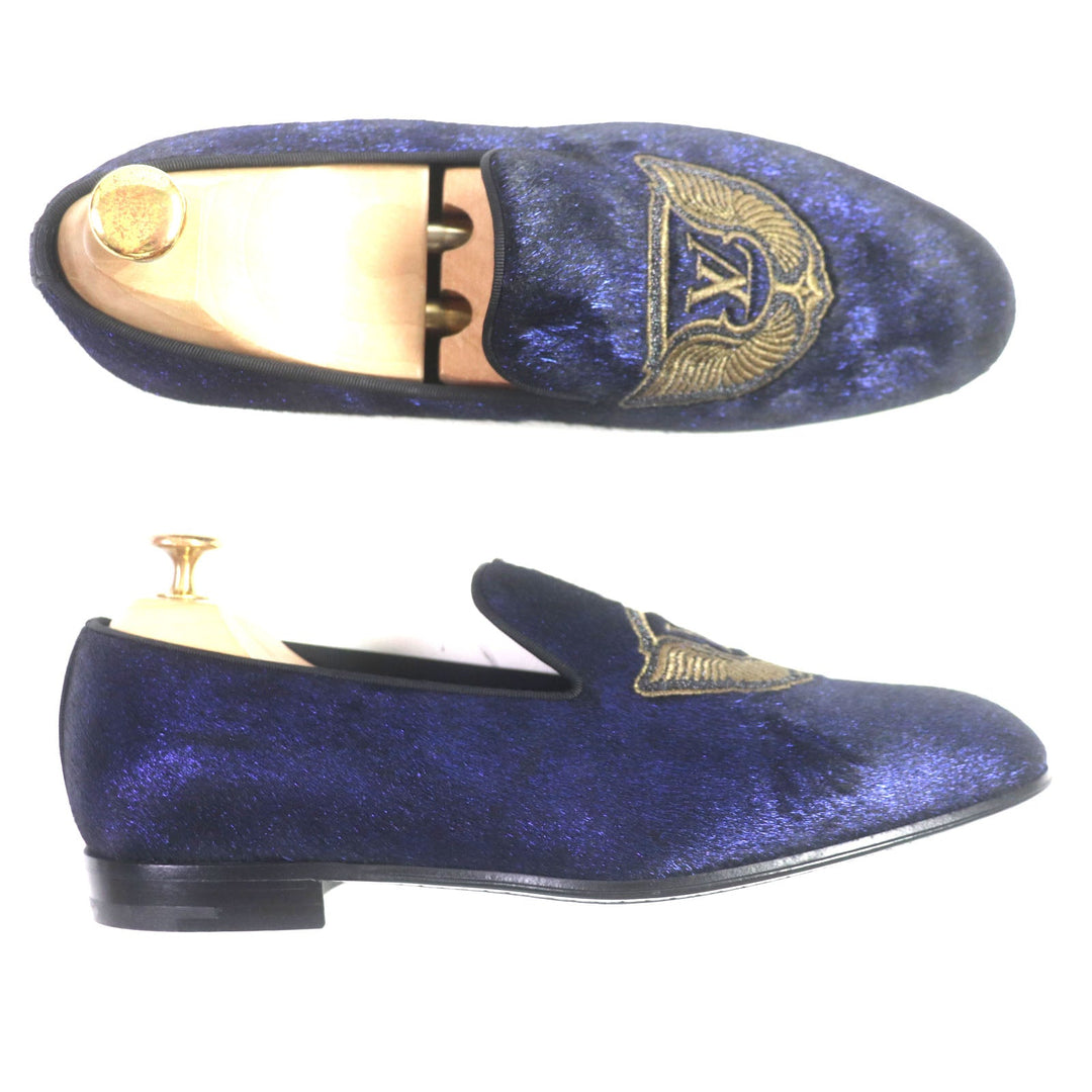 LOUIS VUITTON loafers Velor Navy Auteuil Line Embroidered slip-ons mens 6 Used Authentic