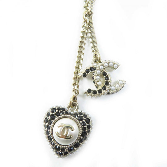 CHANEL Necklace C22B Metal, Rhinestone, Faux Pearl Black gold COCO Mark Heart Women Used Authentic