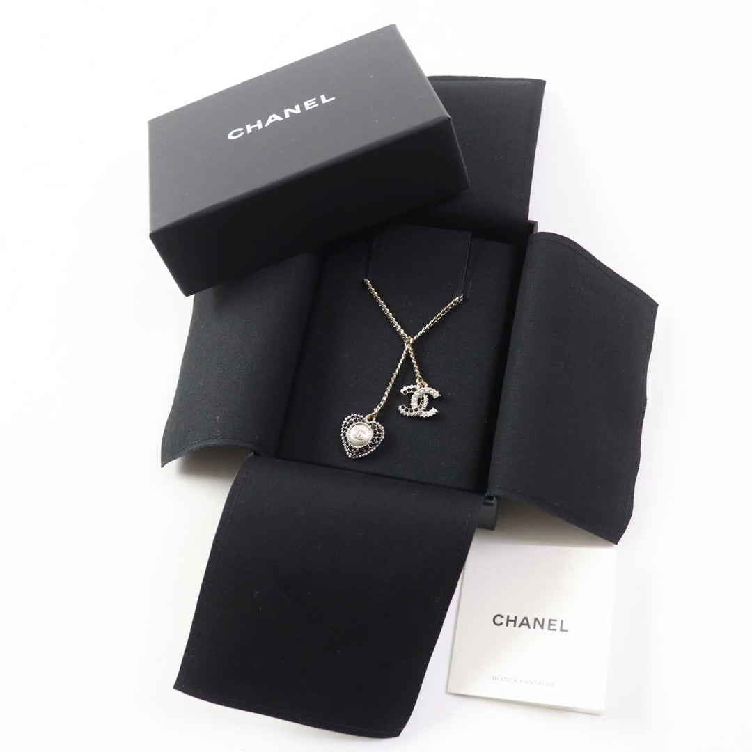 CHANEL Necklace C22B Metal, Rhinestone, Faux Pearl Black gold COCO Mark Heart Women Used Authentic