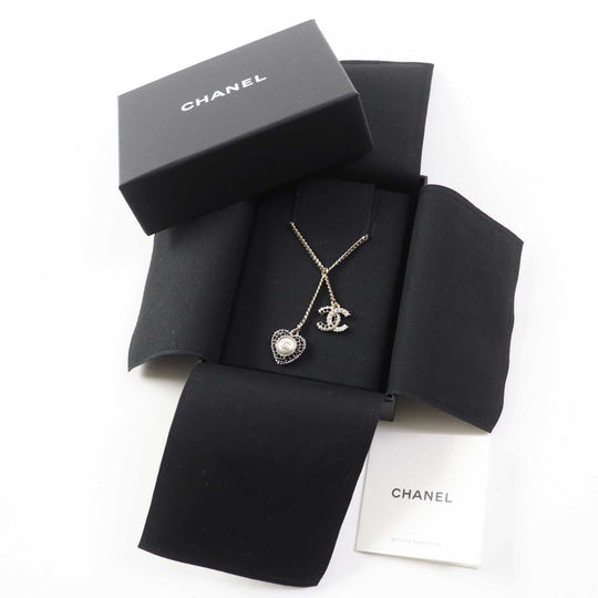 CHANEL Necklace C22B Metal, Rhinestone, Faux Pearl Black gold COCO Mark Heart Women Used Authentic