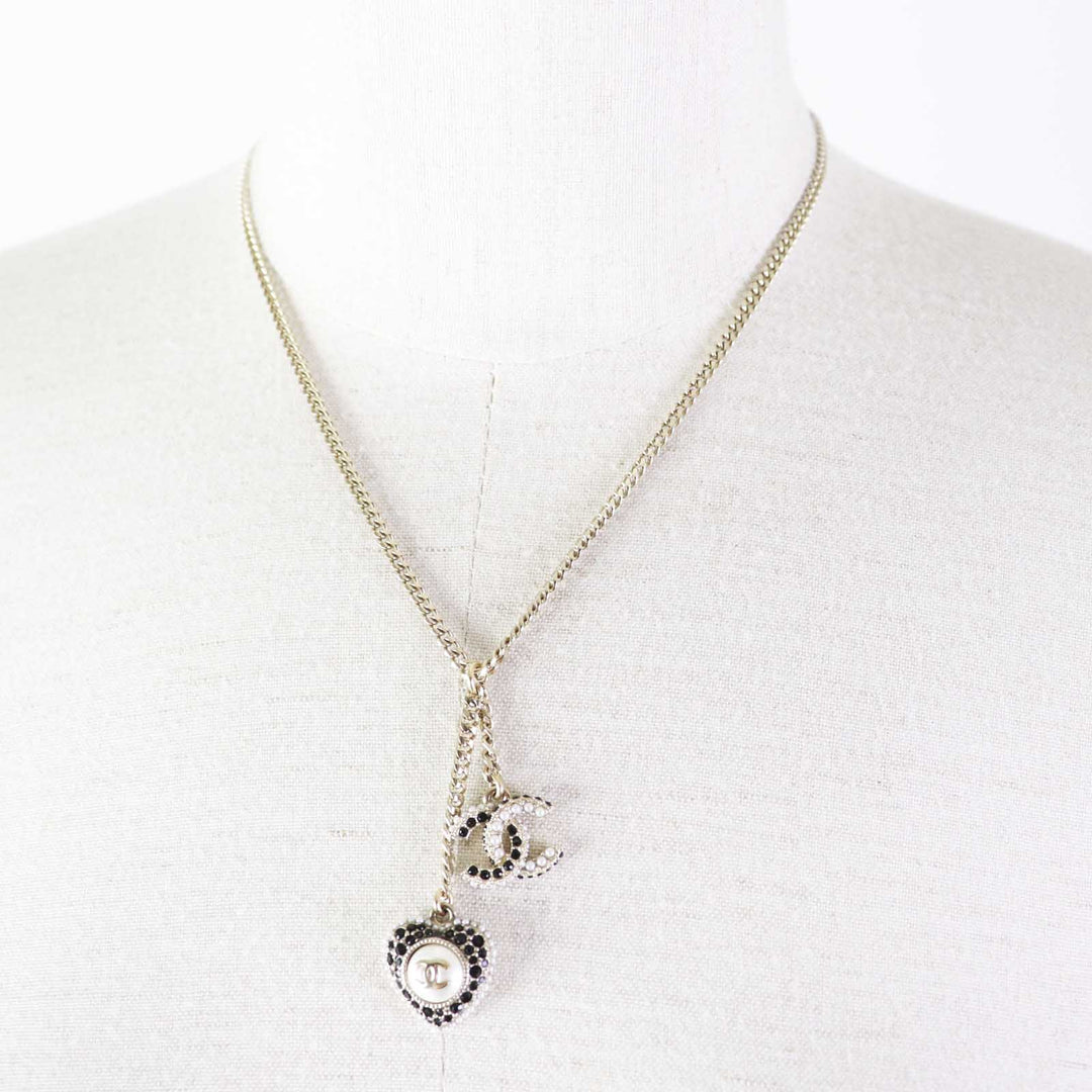 CHANEL Necklace C22B Metal, Rhinestone, Faux Pearl Black gold COCO Mark Heart Women Used Authentic