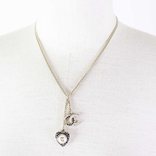 CHANEL Necklace C22B Metal, Rhinestone, Faux Pearl Black gold COCO Mark Heart Women Used Authentic