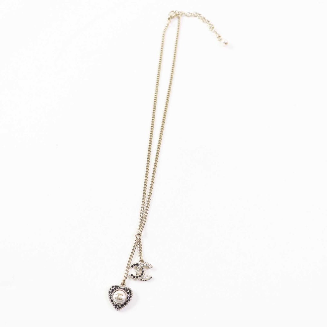 CHANEL Necklace C22B Metal, Rhinestone, Faux Pearl Black gold COCO Mark Heart Women Used Authentic