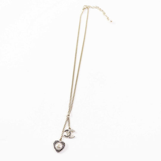 CHANEL Necklace C22B Metal, Rhinestone, Faux Pearl Black gold COCO Mark Heart Women Used Authentic